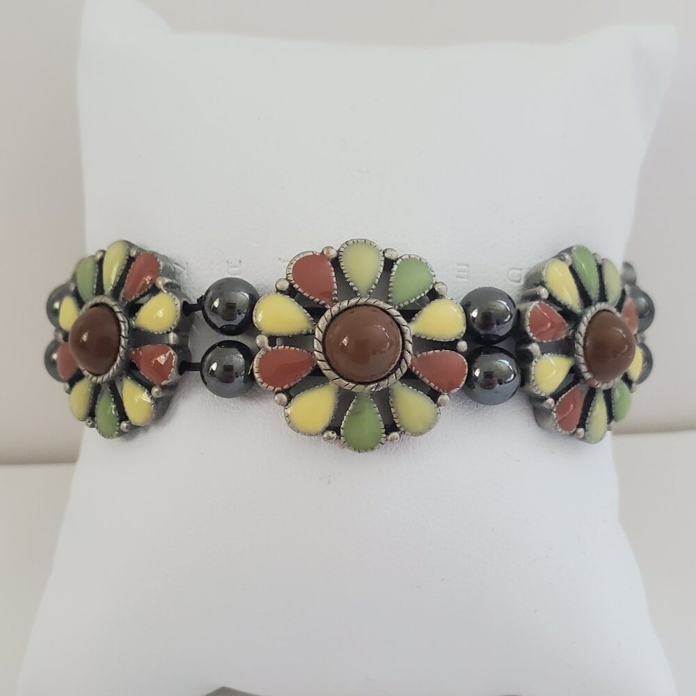 Vintage Art Deco Enamel Stretch Bracelet Earthy Colours Daisies Gun Metal Beads